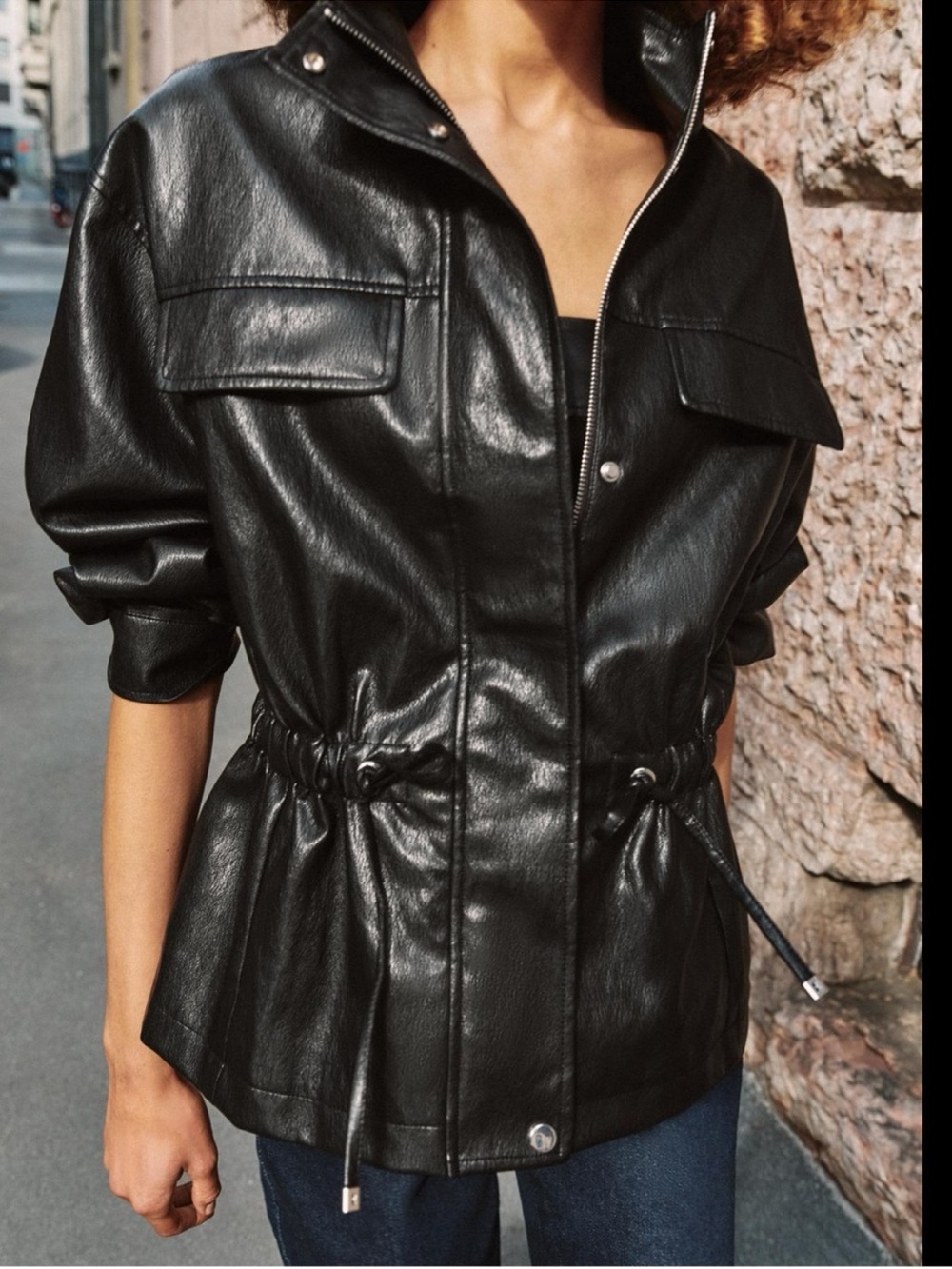 Zara Black Faux Leather High Collar Drawstring Waist Jacket Sz:M